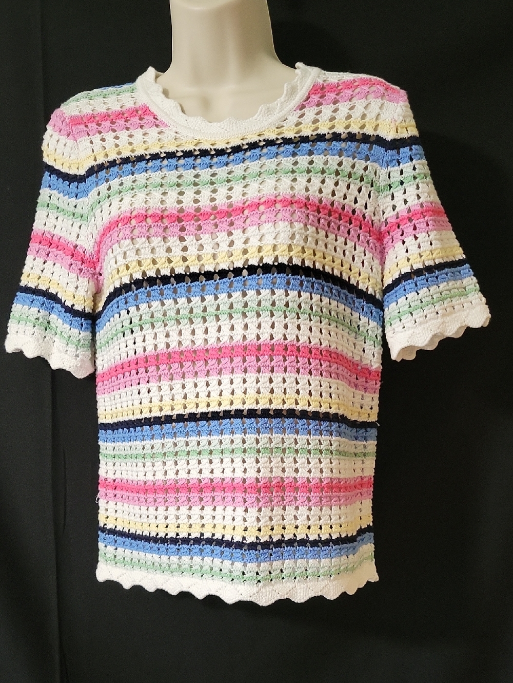 GAP Crochet Stripe Short Sleeve Top in White, Pink, Green and Blue, Size S